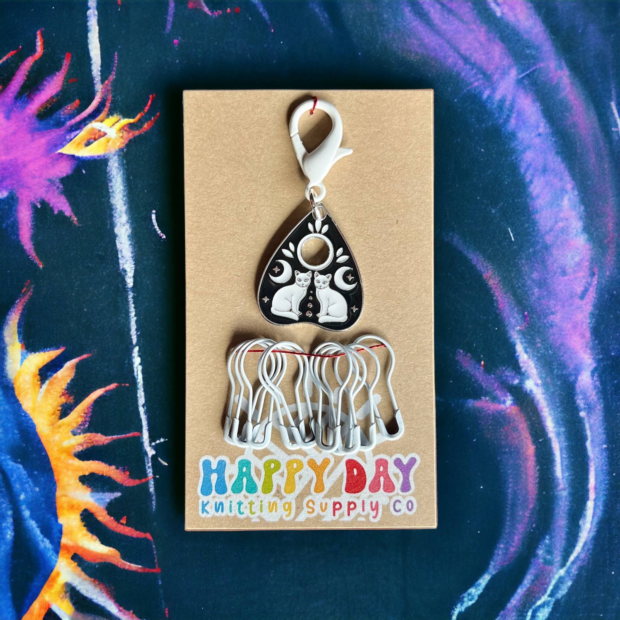 Twin Oracle Kitties Stitch Marker & Keeper with Pins