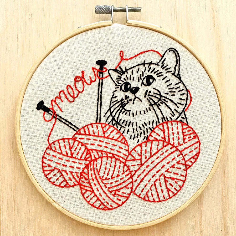 Kitten with Knitting Complete Embroidery Kit