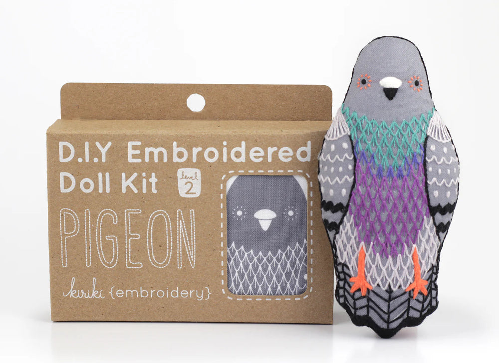 D.I.Y. Embroidered Doll Kit with a pigeon design on a white background