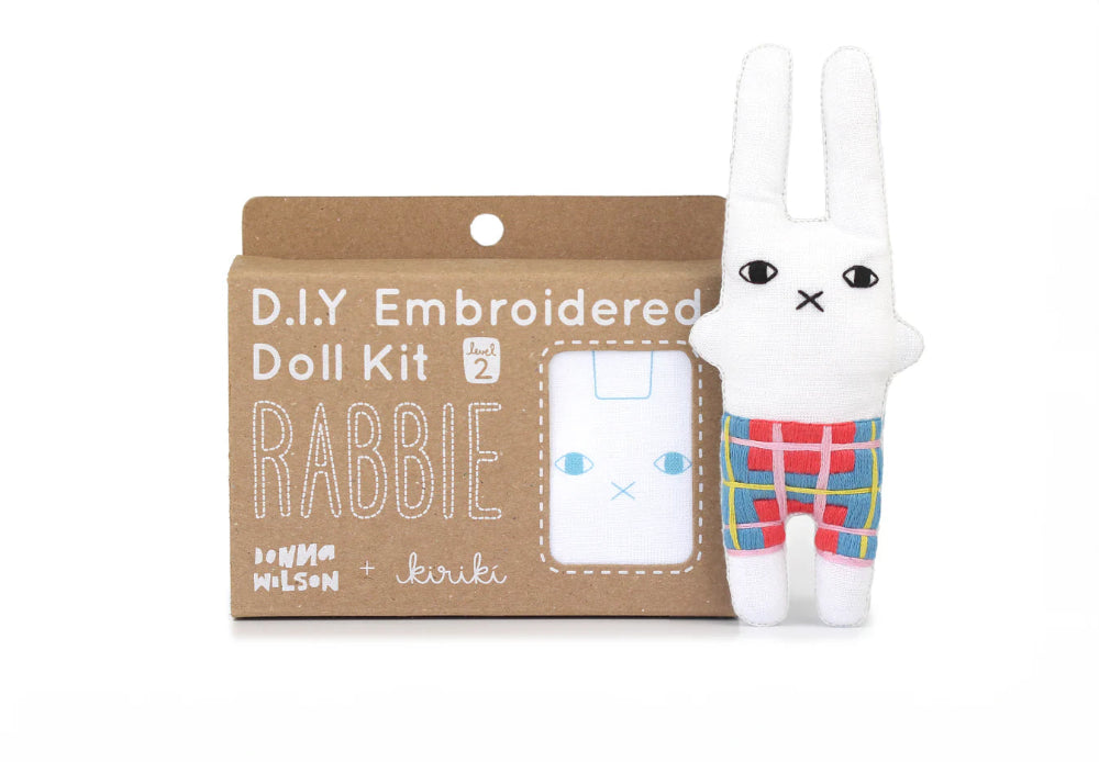 D.I.Y. Embroidered Doll Kit with a white rabbit doll and packaging on a white background