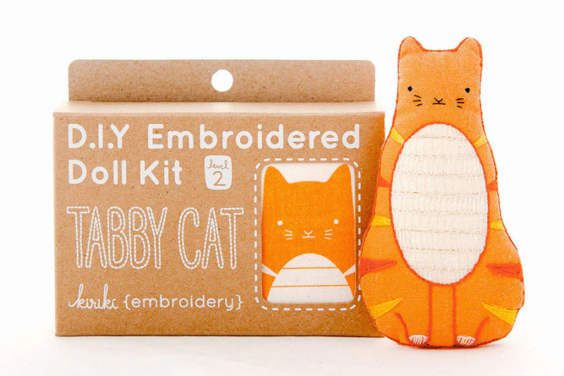 D.I.Y. Embroidered Doll Kit for a tabby cat with packaging on a white background